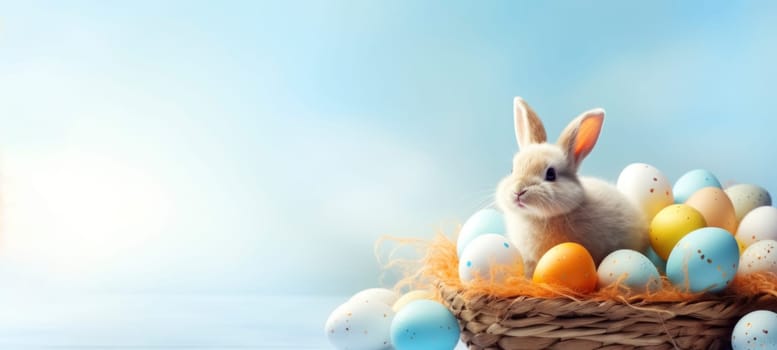 Adorable bunny with a basket of pastel-colored Easter eggs on a soft blue background.