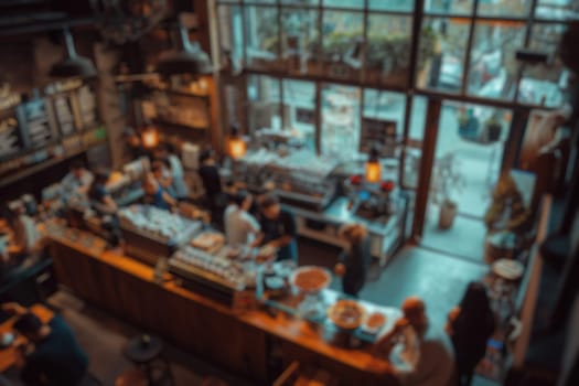 Blurred background of a busy coffee shop with patrons enjoying their drinks and baristas crafting coffee, creating a lively community space. Resplendent.