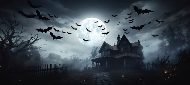 A creepy haunted house set against a cloudy night sky with bats flying around a glowing full moon, perfect for Halloween themes.