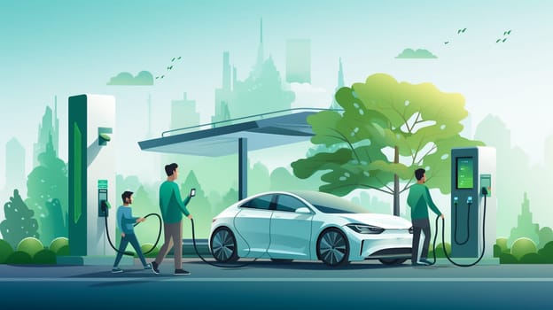 Futuristic Electric Vehicle, Electric Car Charging Station, Environmentally Friendly Transportation, Save the Earth Concept, Flat Style Illustration. High quality photo