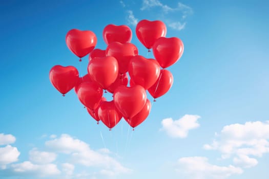 Bunch of red heart balloons bundled together against a clear blue sky