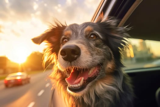 A border collie dog sticks its head out of a car window, basking in the sunset breeze.