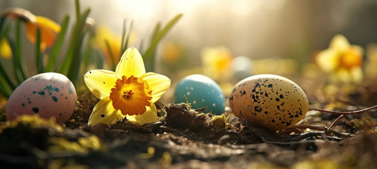 Colorful Easter eggs hidden in fresh, blooming daffodils signify the joy of springtime festivities.