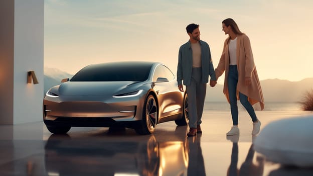Handsome man is standing near his electric car outdoors. High quality photo