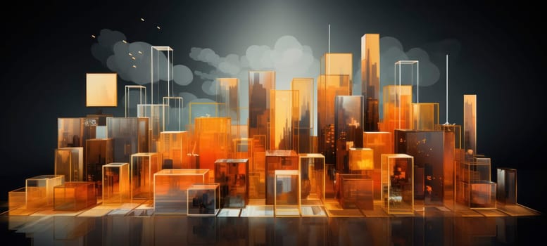 Stylized Digital Skyline with Luminous Transparent Buildings.