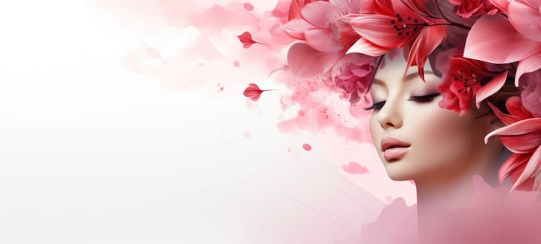 Artistic illustration of a serene woman's face adorned with vibrant pink floral elements on a soft, white background.