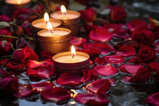 Glowing candles nestled in a sea of red rose petals