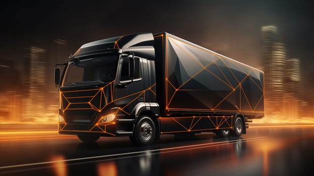 Rear view of black self-driving electric semi truck . 3D rendering image. High quality photo