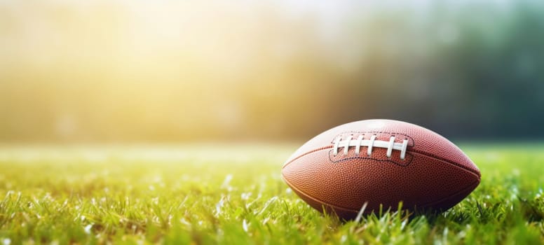 Close-up of an American football on bright green grass in the sunlight, representing sports and outdoor activities.