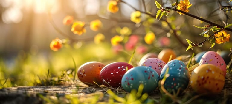 Colorful Easter eggs lying on the grass, illuminated by warm sunlight with blooming spring flowers.