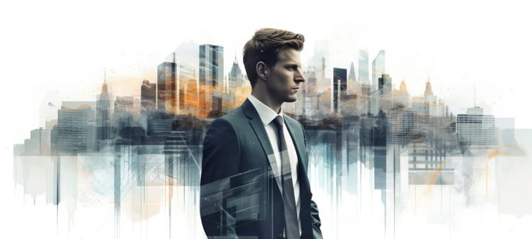 A conceptual image of a businessman blended into a vibrant cityscape, representing business and urban life.