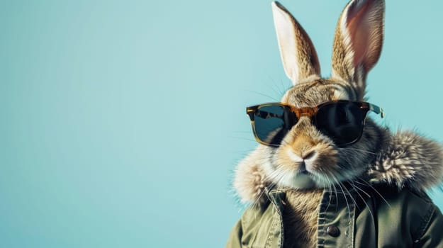 A cool rabbit dons trendy sunglasses and a bomber jacket against a blue background, exuding a hipster vibe.