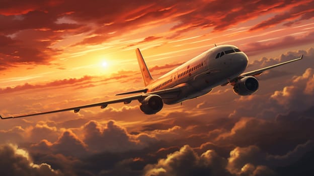 modern airplane flying against scenic sunset sky panorama landscape background. air travel business concept aerial view. High quality photo