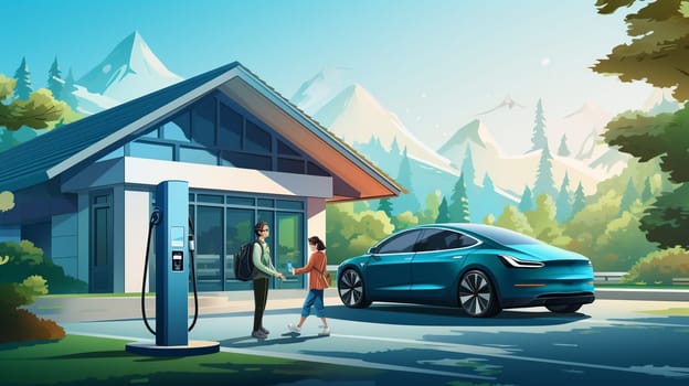 Futuristic Electric Vehicle, Electric Car Charging Station, Environmentally Friendly Transportation, Save the Earth Concept, Flat Style Illustration. High quality photo