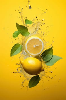 Bright yellow lemon with mint leaves immersed in a water splash on a vivid yellow background, symbolizing refreshment.