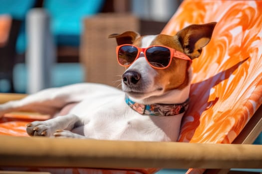 A Jack Russell Terrier dog lounges in the sun with stylish sunglasses