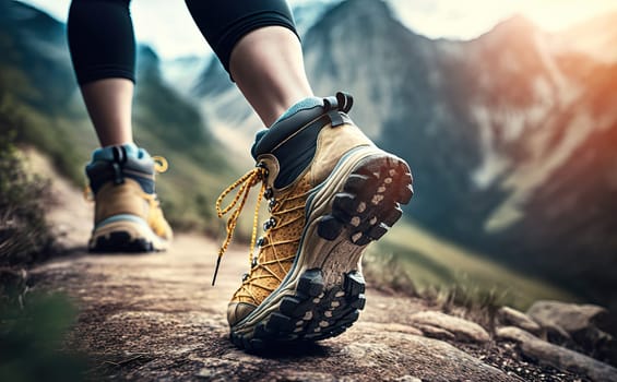 Bottom of running sneaker shoe sole on hard rocky terrain on mountain path during ultra trail marathon race. Strong fit healthy athletic man, trained legs during workout outdoors