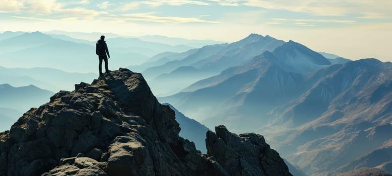 A lone hiker stands on the peak of a mountain, gazing at the vast range during sunset, evoking a sense of adventure and accomplishment.