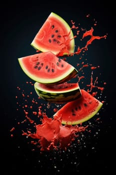 Watermelon slices exploding with a vibrant splash of juice against a dark background, capturing a moment of freshness.