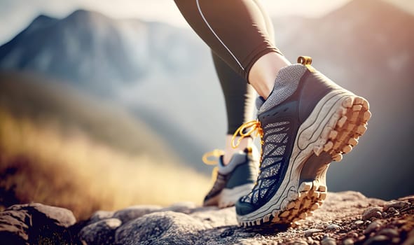 Bottom of running sneaker shoe sole on hard rocky terrain on mountain path during ultra trail marathon race. Strong fit healthy athletic man, trained legs during workout outdoors