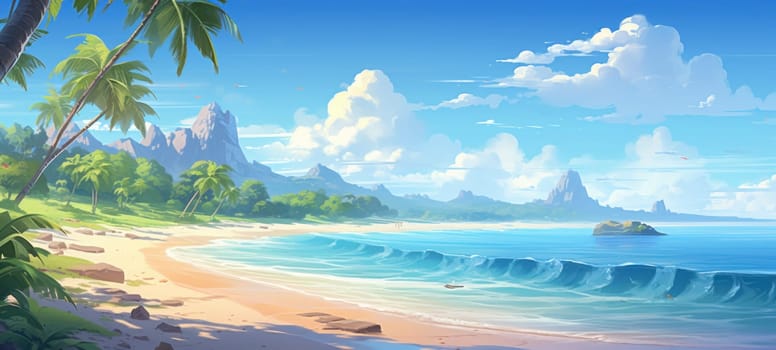 Illustration of a serene tropical beach with palm trees, crystal blue water, and distant mountains, ideal for relaxation.