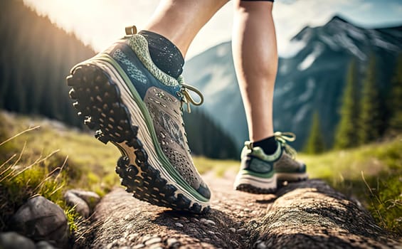 Bottom of running sneaker shoe sole on hard rocky terrain on mountain path during ultra trail marathon race. Strong fit healthy athletic man, trained legs during workout outdoors