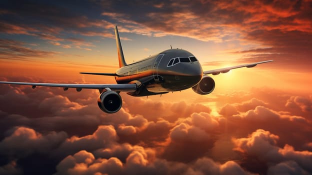 modern airplane flying against scenic sunset sky panorama landscape background. air travel business concept aerial view. High quality photo