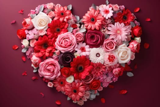 Heart-shaped floral arrangement with roses and daisies in various shades of pink and red on a purple background.