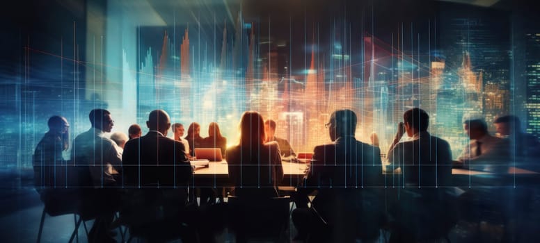 A group of business professionals engaged in a meeting with futuristic digital data visualization overlaid on a cityscape background.