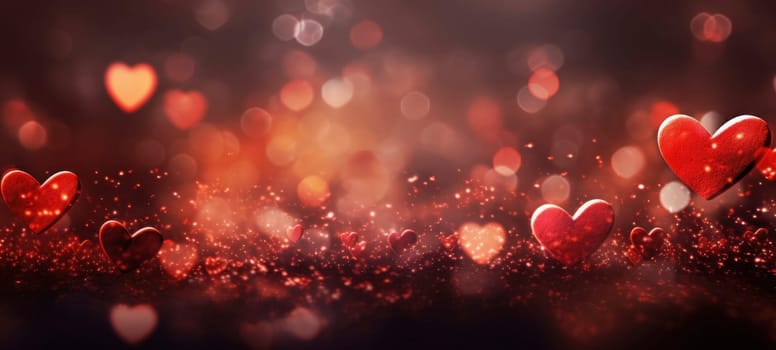 A dreamy bokeh effect creates a romantic ambiance with red hearts, ideal for Valentine's Day themes and expressions of love.