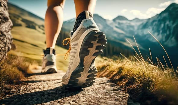 Bottom of running sneaker shoe sole on hard rocky terrain on mountain path during ultra trail marathon race. Strong fit healthy athletic man, trained legs during workout outdoors