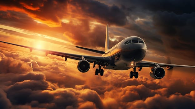 modern airplane flying against scenic sunset sky panorama landscape background. air travel business concept aerial view. High quality photo