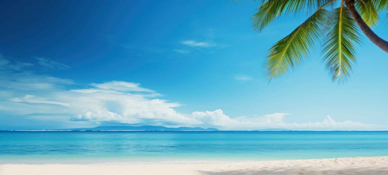Serene tropical beach landscape with a palm tree leaning over a tranquil blue ocean under a clear sky.