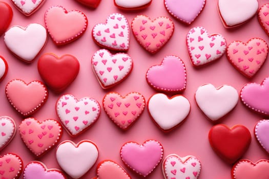 Pink heart-shaped cookies with decorative frosting on a pink backdrop