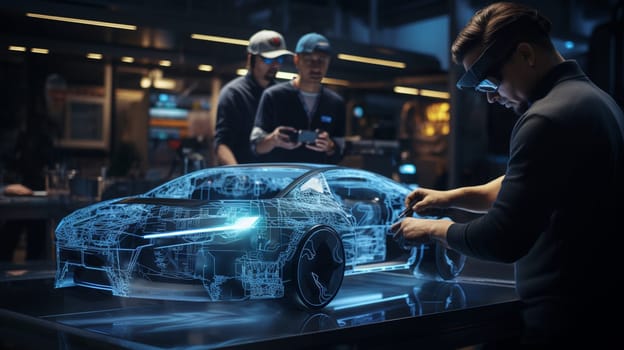 Automotive Engineer Using Digital Tablet Computer with Augmented Reality 3D Software for 3D Car Model Design Analysis and Improvement. Futuristic Facility: Virtual Design with Mixed Technology. High quality photo