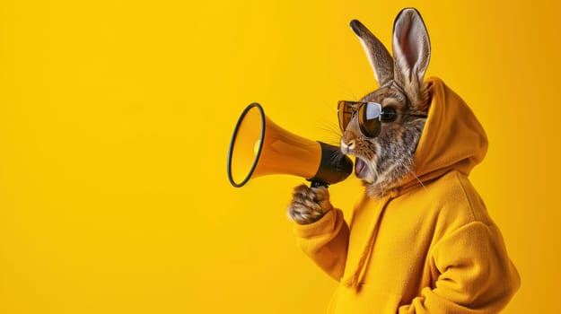 Fashionable rabbit in hoodie with megaphone