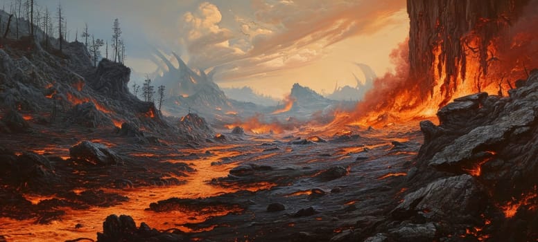 A dramatic apocalyptic landscape depicting a river of lava flowing through a desolate terrain under a fiery sky.