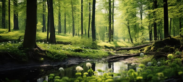 A serene forest scene with sunlight filtering through lush greenery beside a gentle stream, invoking tranquility.