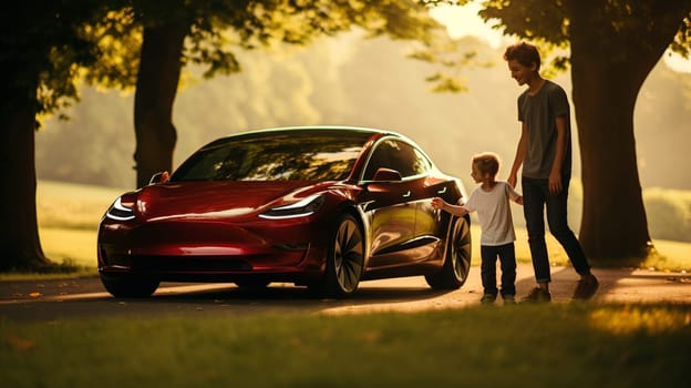 Young man and little boy together check a car. Father and son on a road with red automobile. High quality photo