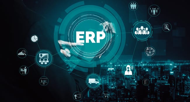 Enterprise Resource Management ERP software system for business resources plan presented in modern graphic interface showing future technology to manage company enterprise resource. uds