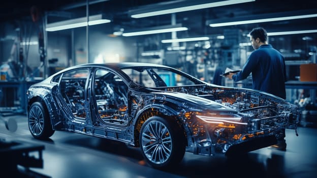 Automotive Engineer Using Digital Tablet Computer with Augmented Reality 3D Software for 3D Car Model Design Analysis and Improvement. Futuristic Facility: Virtual Design with Mixed Technology. High quality photo