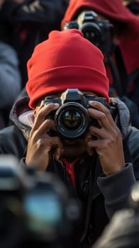 A man wearing a red hat actively takes a picture using his camera in the midst of a crowd.