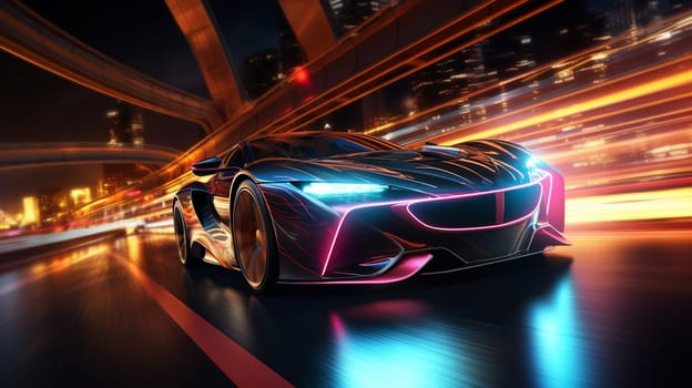 Futuristic Sports Car On Neon Highway. Powerful acceleration of a supercar on a night track with colorful lights and trails. 3d illustration.