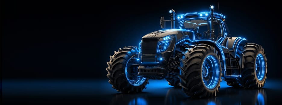 Farm Tractor Concept. 3d illustration in wireframe style. The layers of visible and invisible lines are separated. Technology background for smart farming or agriculture template. High quality photo