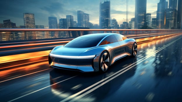 Autonomous Self-Driving 3D Car Moving Through City Highway. Visualization Concept: AI Sensor Scanning Road Ahead for Vehicles, Danger, Speed Limits. Day Urban Driveway. Front Following View. High quality photo