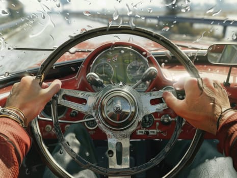 A man driving a car on a rainy day, navigating through wet roads and challenging weather conditions.