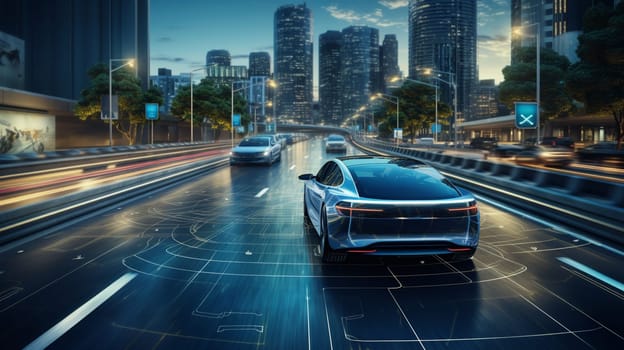 Autonomous Self-Driving 3D Car Moving Through City Highway. Visualization Concept: AI Sensor Scanning Road Ahead for Vehicles, Danger, Speed Limits. Day Urban Driveway. Front Following View. High quality photo