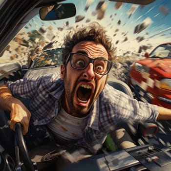 A man with a surprised expression driving a car.