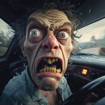 A startling photo of a zombie in the drivers seat of a car, its mouth agape as it navigates the road.