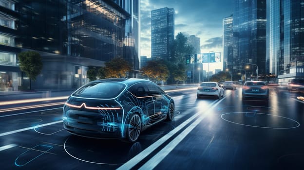 Autonomous Self-Driving 3D Car Moving Through City Highway. Visualization Concept: AI Sensor Scanning Road Ahead for Vehicles, Danger, Speed Limits. Day Urban Driveway. Front Following View. High quality photo